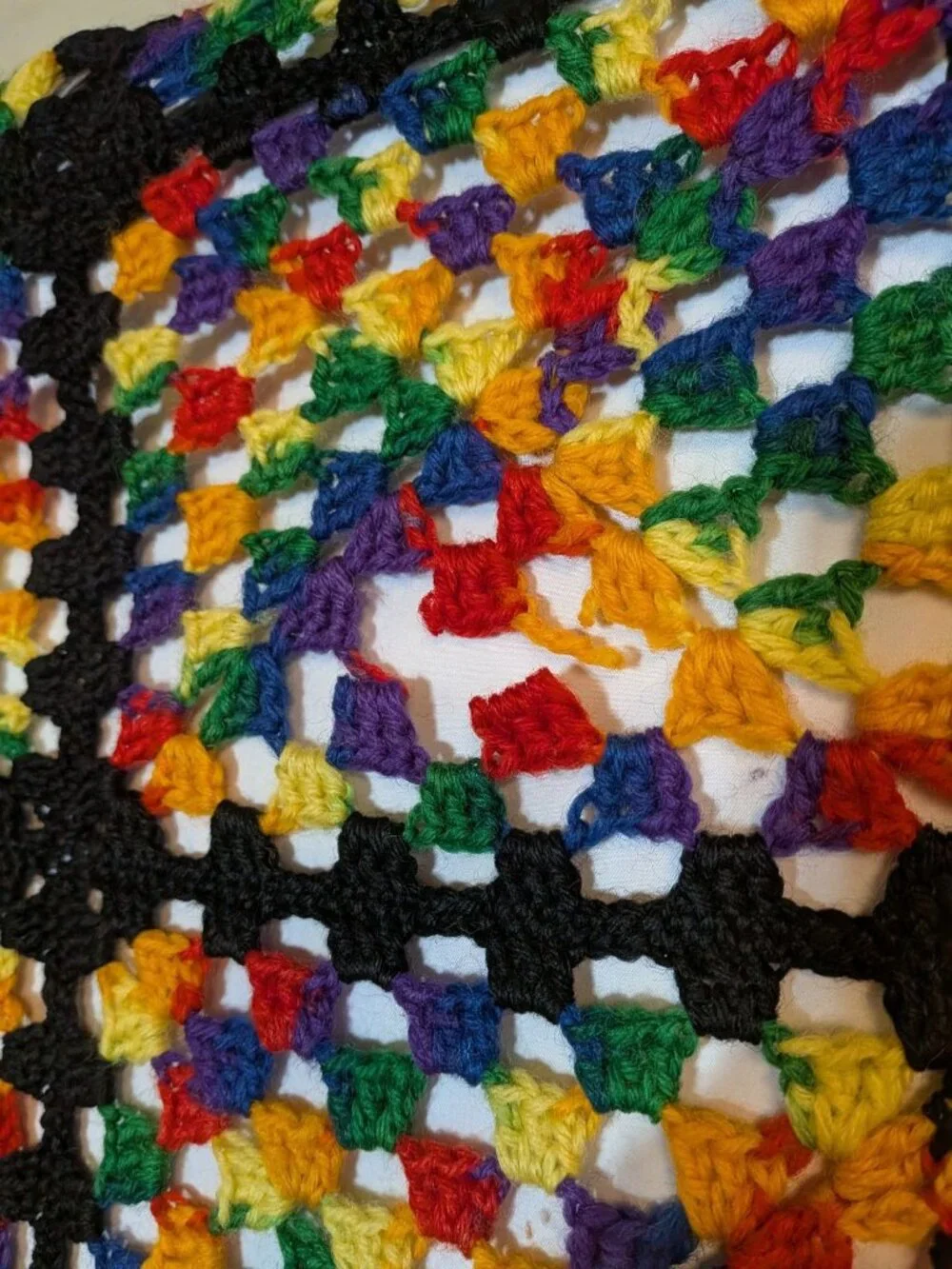Handmade Crochet Afghan Throw Blanket Multicolor Squares & Black Border Approx.